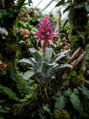 Aechmea mit rosettenförmigen Blättern und leuchtender Blütenähre