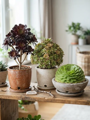 Aeonium mit fleischigen, löffelförmigen Blättern in rosettenförmiger Anordnung
