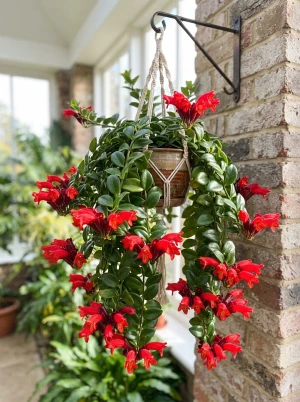 Aeschynanthus mit leuchtend roten, röhrenförmigen Blüten an überhängenden Trieben