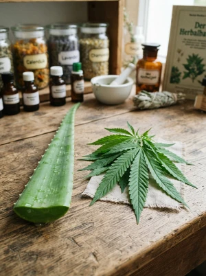 Aloe-Vera-Blatt und Hanfblätter nebeneinander