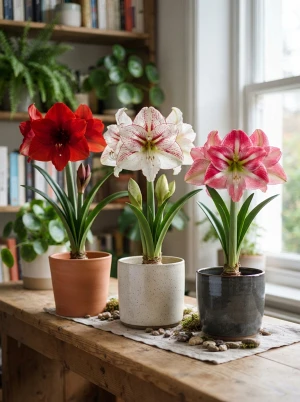 Amaryllis mit großen, trichterförmigen Blüten in kräftigen Farbtönen