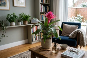 Bromelie mit auffälliger Blüte im Wohnzimmer