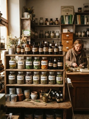 Arzneipflanzen und Fläschchen in einer Apotheke