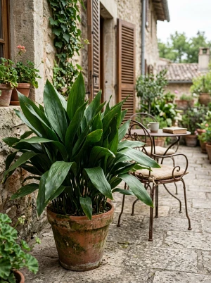 Aspidistra mit dunkelgrünen, länglichen Blättern