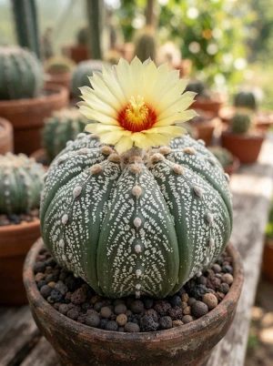 Astrophytum mit charakteristisch geripptem, kugeligem Körper