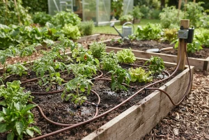 Automatisches Bewässerungssystem mit Tropfschläuchen im Beet