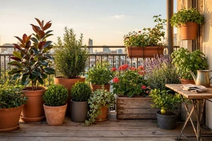 Bepflanzter Balkon mit Kübelpflanzen