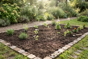 Frisch angelegtes Blumenbeet mit lockerer Erde