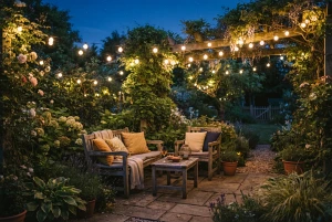 Warmes Lichterketten-Ambiente im abendlichen Garten