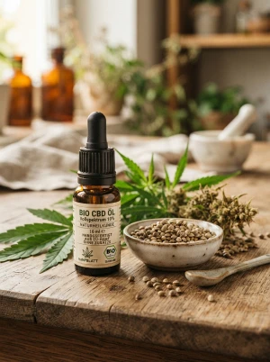 Bio-CBD-Öl-Flasche mit Zertifikats-Siegel und Hanfsamen