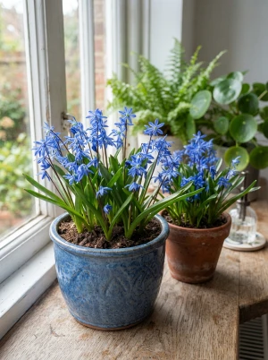 Blausterne mit kleinen, blauen, glockenförmigen Blüten in dichten Trauben