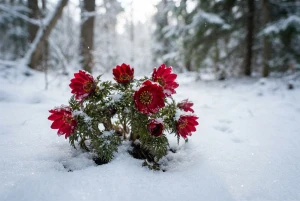 Winterblühende Pflanze mit roten Blüten im Schnee