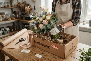 Blumenstrauß wird für den Versand verpackt