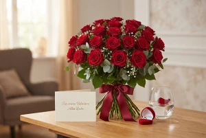 Roter Rosenstrauß als klassisches Valentinstagsgeschenk