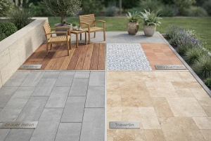 Verschiedene Bodenbelag-Muster für eine Terrasse im Vergleich