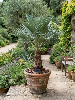 Brahea edulis mit kompakter Krone aus fächerförmigen Wedeln