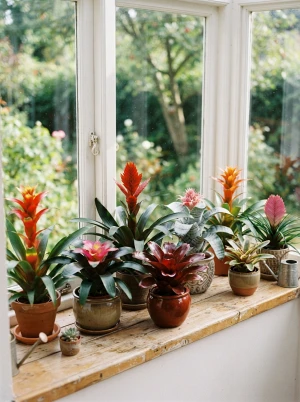 Verschiedene Bromelien mit rosettenförmigen Blättern auf einem hellen Fensterbrett