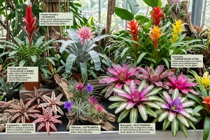 Mehrere Bromelienarten mit unterschiedlichen Blattfarben