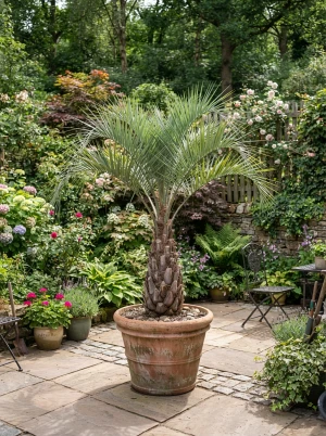 Butia eriospatha mit wollig behaartem Stamm und gefiederten Wedeln