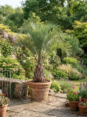 Butia paraguayensis mit kleinwüchsigen, silbrig-blauen Fiederwedeln