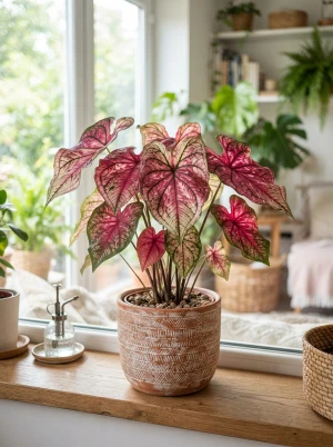 Caladium mit farbenfrohen, herzförmigen Blättern