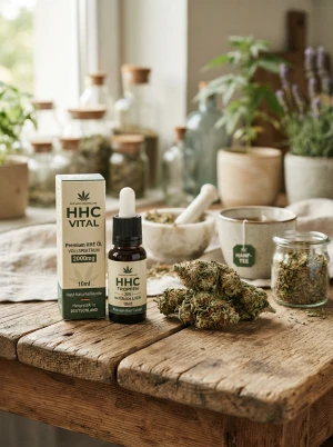 HHC-Produktverpackung neben Cannabisblüten