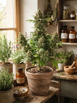 Cannabispflanze in einem Topf während der Blütephase