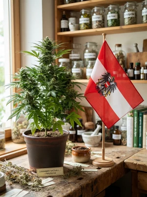 Österreichische Flagge neben einer Cannabispflanze