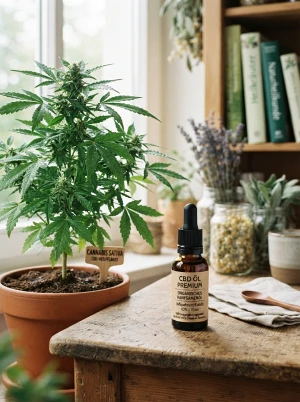CBD-Öl-Fläschchen neben einer Cannabispflanze