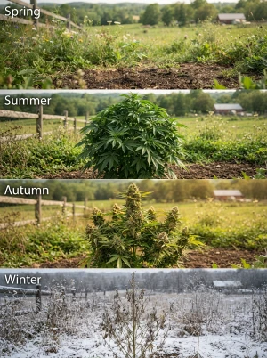 Cannabispflanze im Freiland zu unterschiedlichen Jahreszeiten