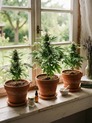 Zu Hause angebaute Cannabispflanzen auf einer Fensterbank