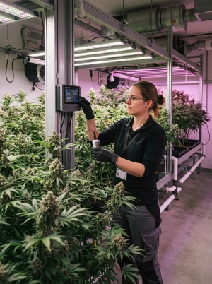 Gärtner kontrolliert Licht und Klima im Cannabis-Anbau
