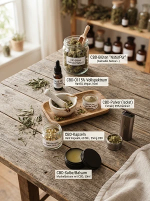 Verschiedene Anwendungsformen von CBD-Blüten nebeneinander