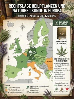 Europakarte mit Gesetzbuch-Symbol und Hanfblatt