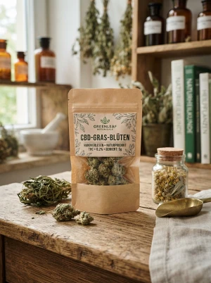 CBD-Gras-Blüten in kleiner Verpackung