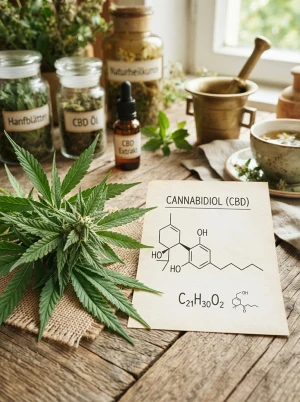 Chemische Strukturformel von CBD neben Hanfblättern