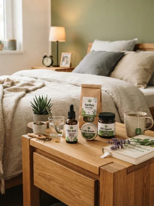 CBD-Produkte griffbereit auf einem Nachttisch