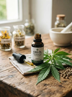 Braunes CBD-Öl-Fläschchen mit Pipette neben Hanfblättern