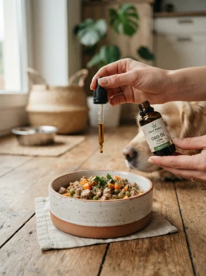 Pipette mit CBD-Öl über einem Futternapf
