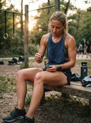 Sportler nach dem Training mit CBD-Öl-Fläschchen
