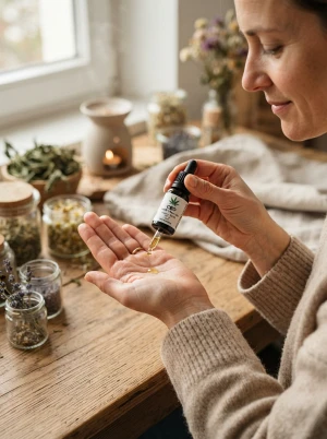 CBD-Öl wird auf die Handfläche als Hautpflege aufgetragen
