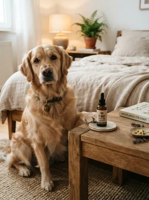 Hund neben einem Fläschchen CBD-Öl