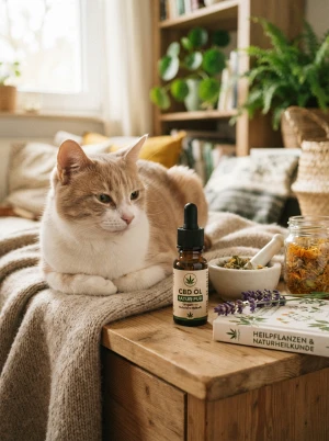 Katze neben einem Fläschchen CBD-Öl