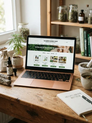 Laptop mit geöffnetem Online-Shop für CBD-Produkte