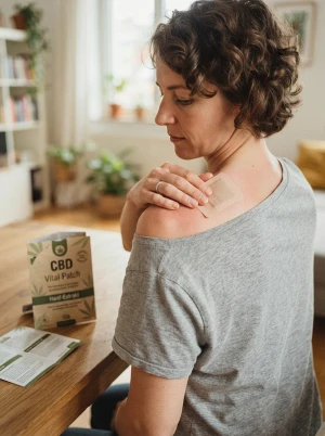 CBD-Pflaster wird auf schmerzenden Muskel geklebt