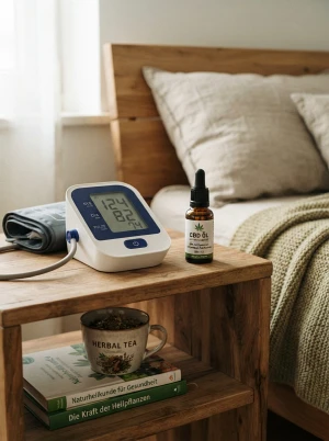 Blutdruckmessgerät neben einem Fläschchen CBD-Öl