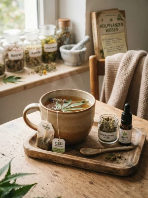 Tasse CBD-Tee mit Hanfblättern und Teebeutel