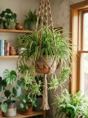 Chlorophytum mit schmalen, grün-weiß gestreiften, überhängenden Blättern