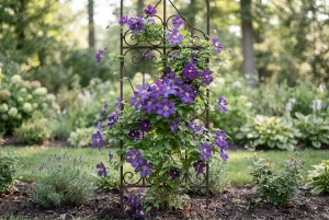 Clematis-Ranke mit violetten Blüten am Rankgitter