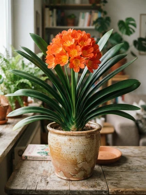 Clivia mit riemenförmigen, dunkelgrünen Blättern und orangefarbener Blütendolde